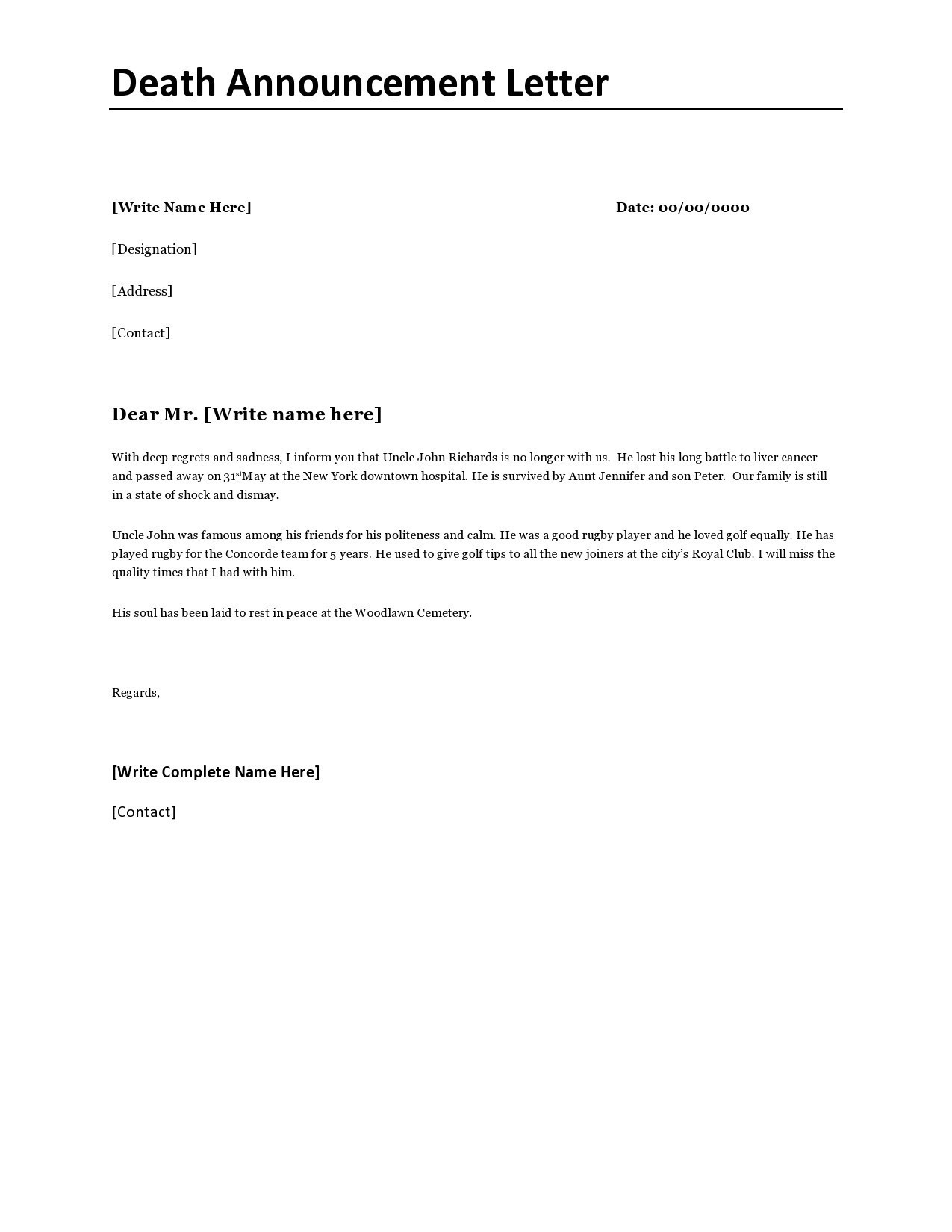 Email death announcement wording
