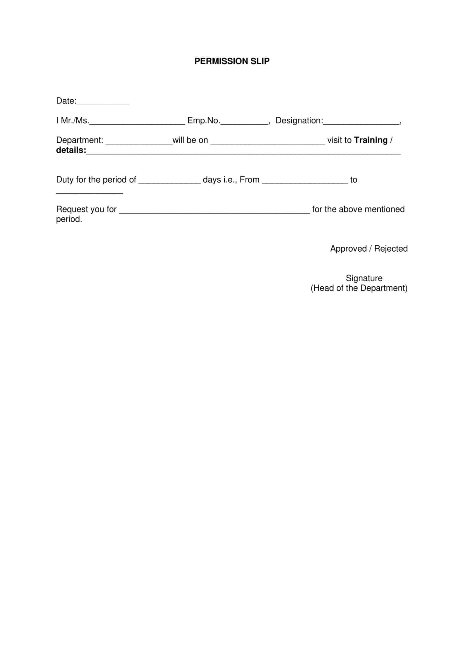 Blank Teacher Permission Slip Template Word Sample