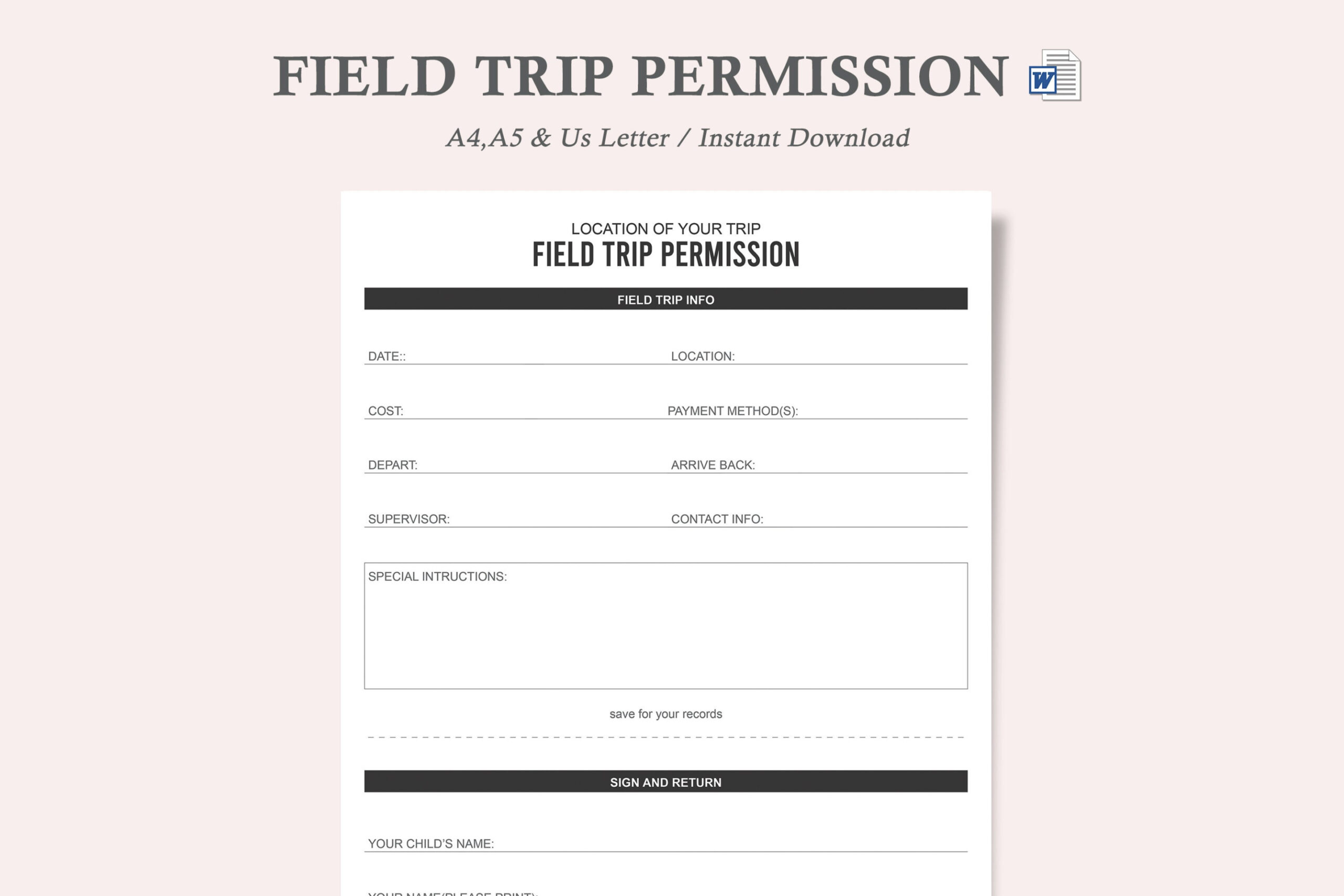 Custom Daycare Field Trip Permission Slip Template Excel