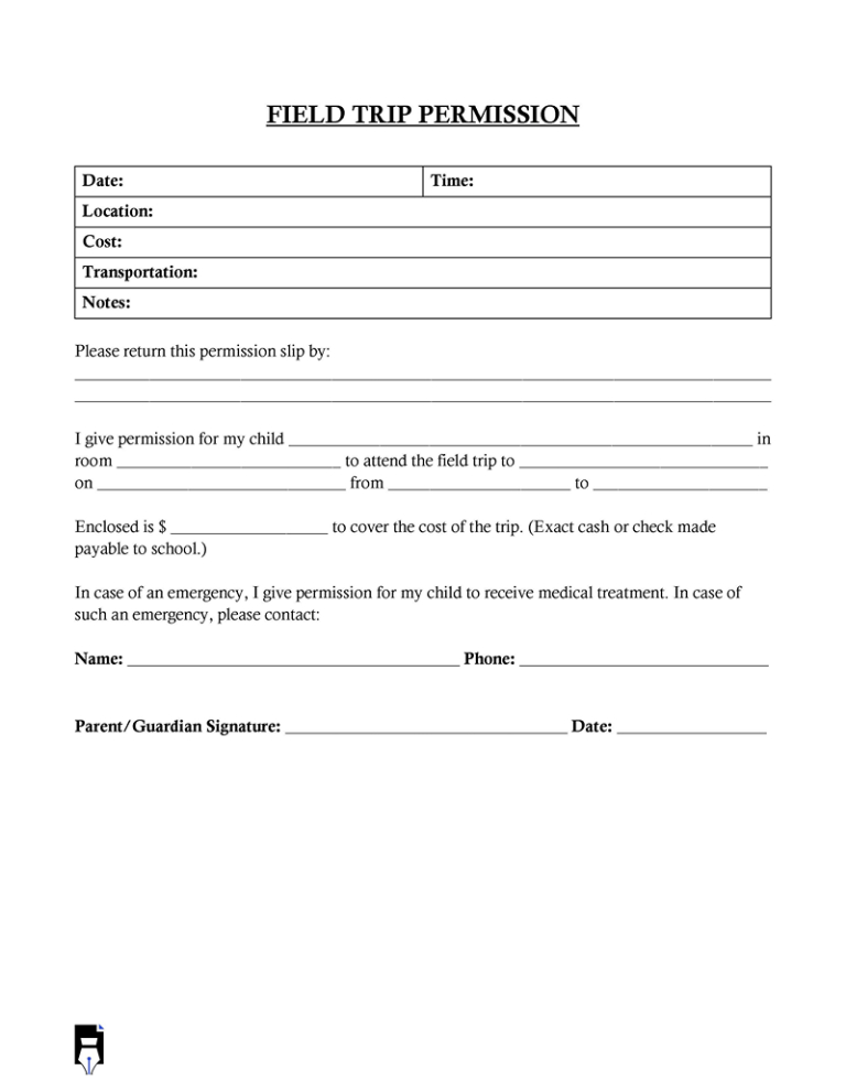 Editable Kindergarten Field Trip Permission Slip Template Pdf