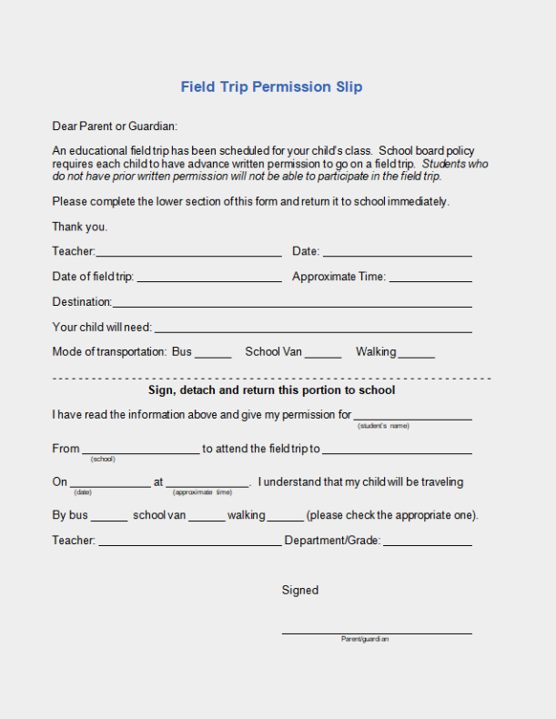 Free Blank Generic Field Trip Permission Slip Template Excel Sample