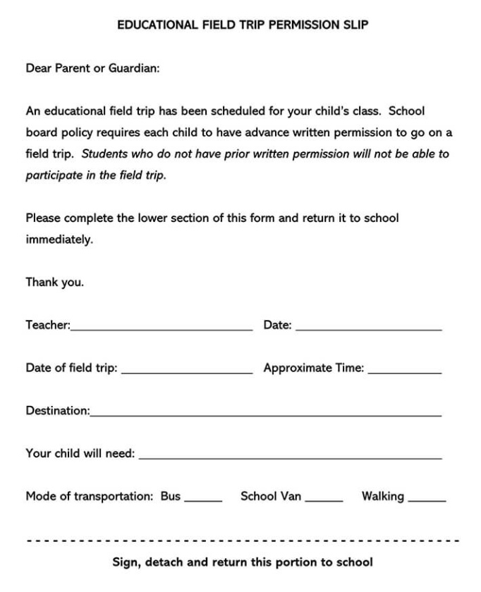 Free Blank Walking Field Trip Permission Slip Template Doc Sample