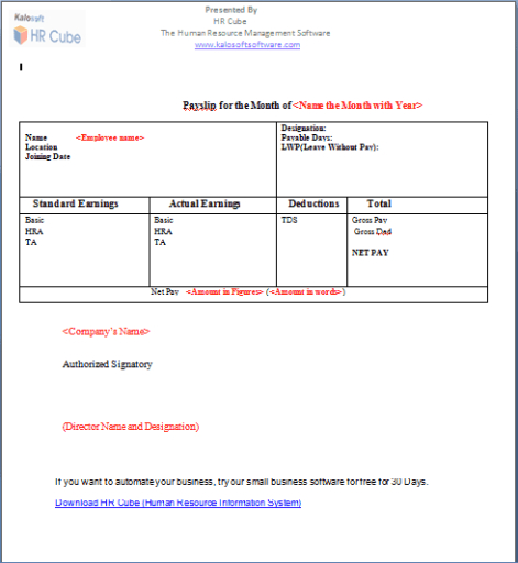 Free  Driver Salary Slip Template Doc