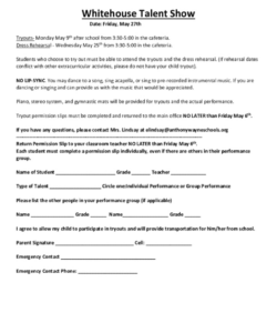 Free Printable Talent Show Permission Slip Template Doc Sample