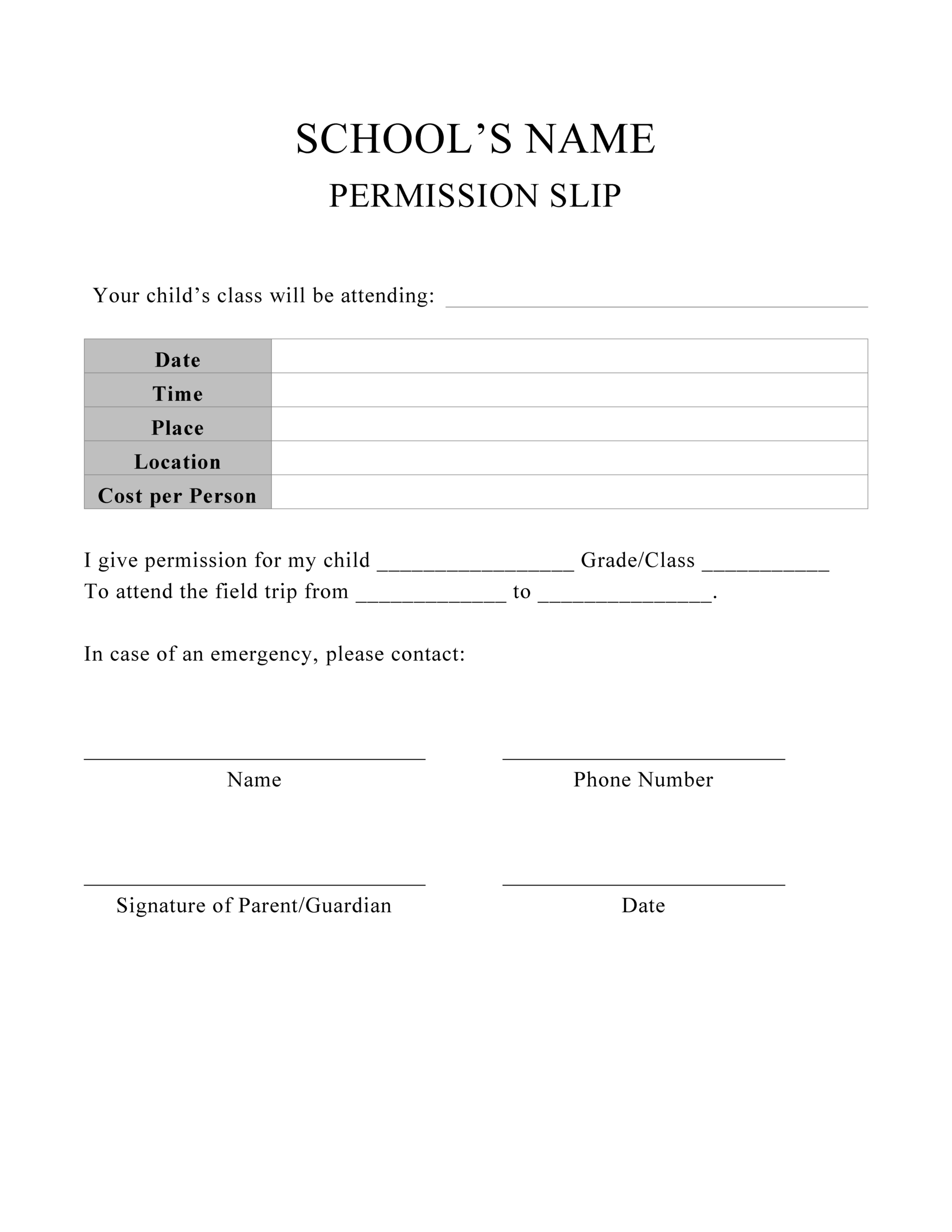 Free  Prom Permission Slip Template