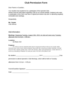Printable After School Club Permission Slip Template Doc Sample