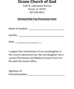 Printable Church Youth Permission Slip Template