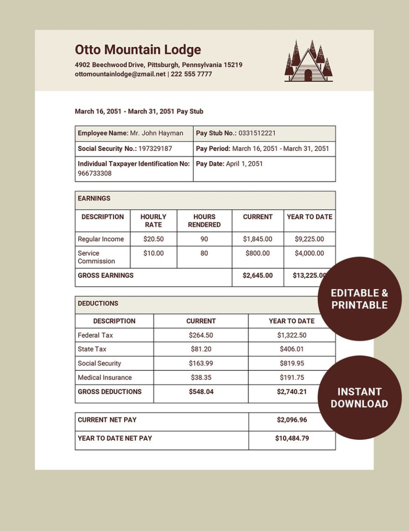 Printable Contractor Pay Slip Template