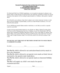 Printable Food Permission Slip Template Word Sample