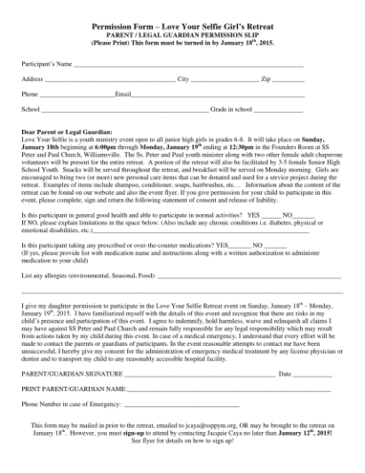 Printable Youth Group Permission Slip Template Word Sample