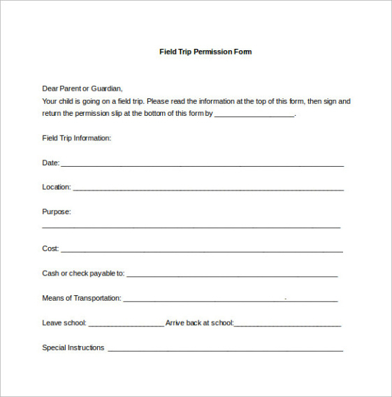 School Club Permission Slip Template Word Sample