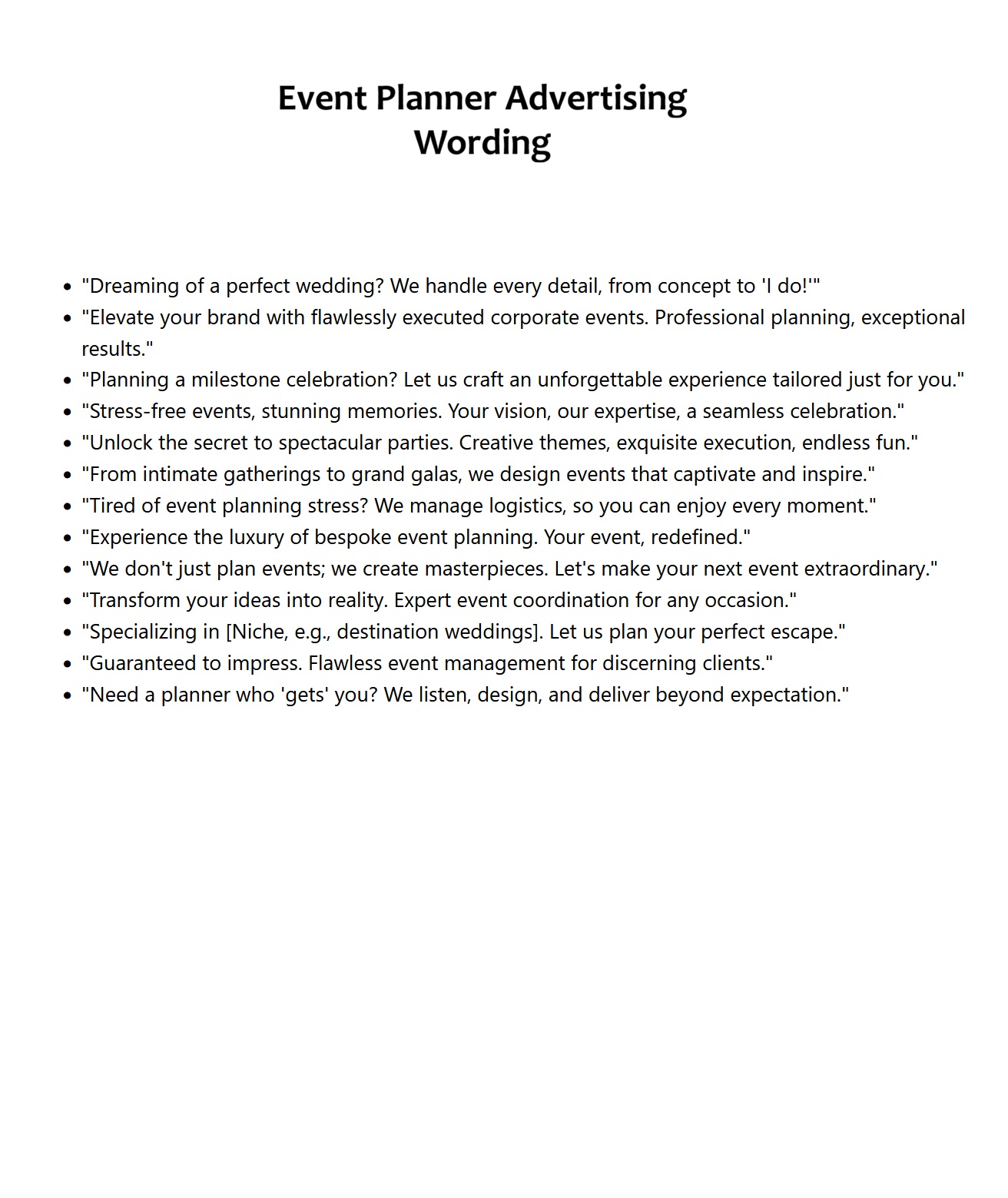 Event Planner Advertising Wording