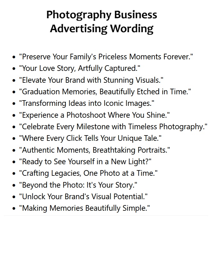 Photography Business Advertising Wording ideas Photography Business Advertising Wording