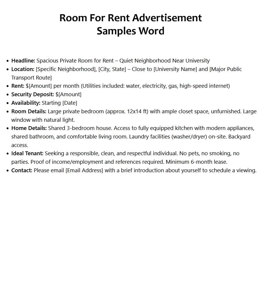Room For Rent Advertisement Samples Word Ideas Room For Rent Advertisement Samples Word