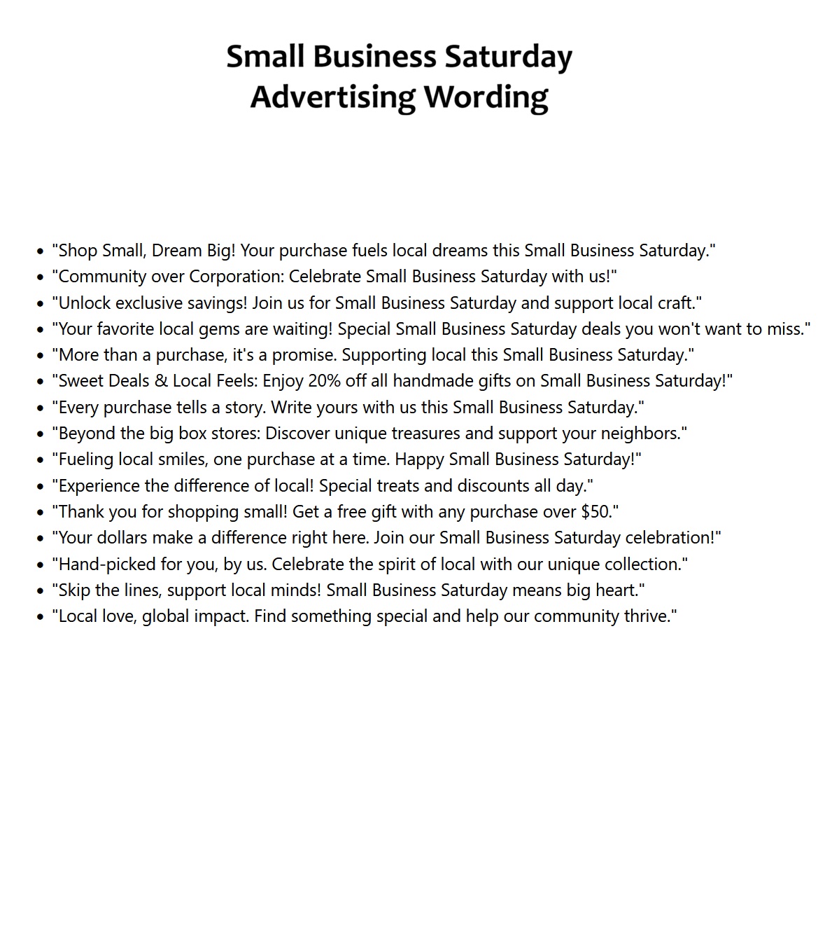 Small Business Saturday Advertising Wording